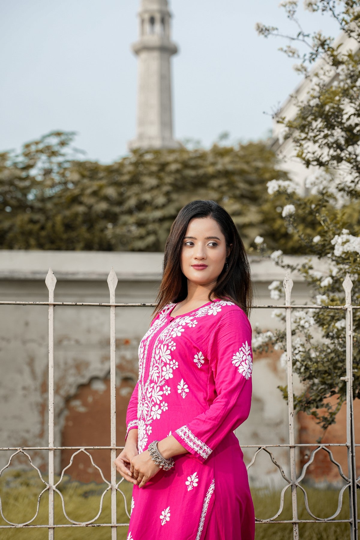 Designer Chikankari Lucknowi Embroidered Straight Rayon Kurta with Palazzo Pant Set