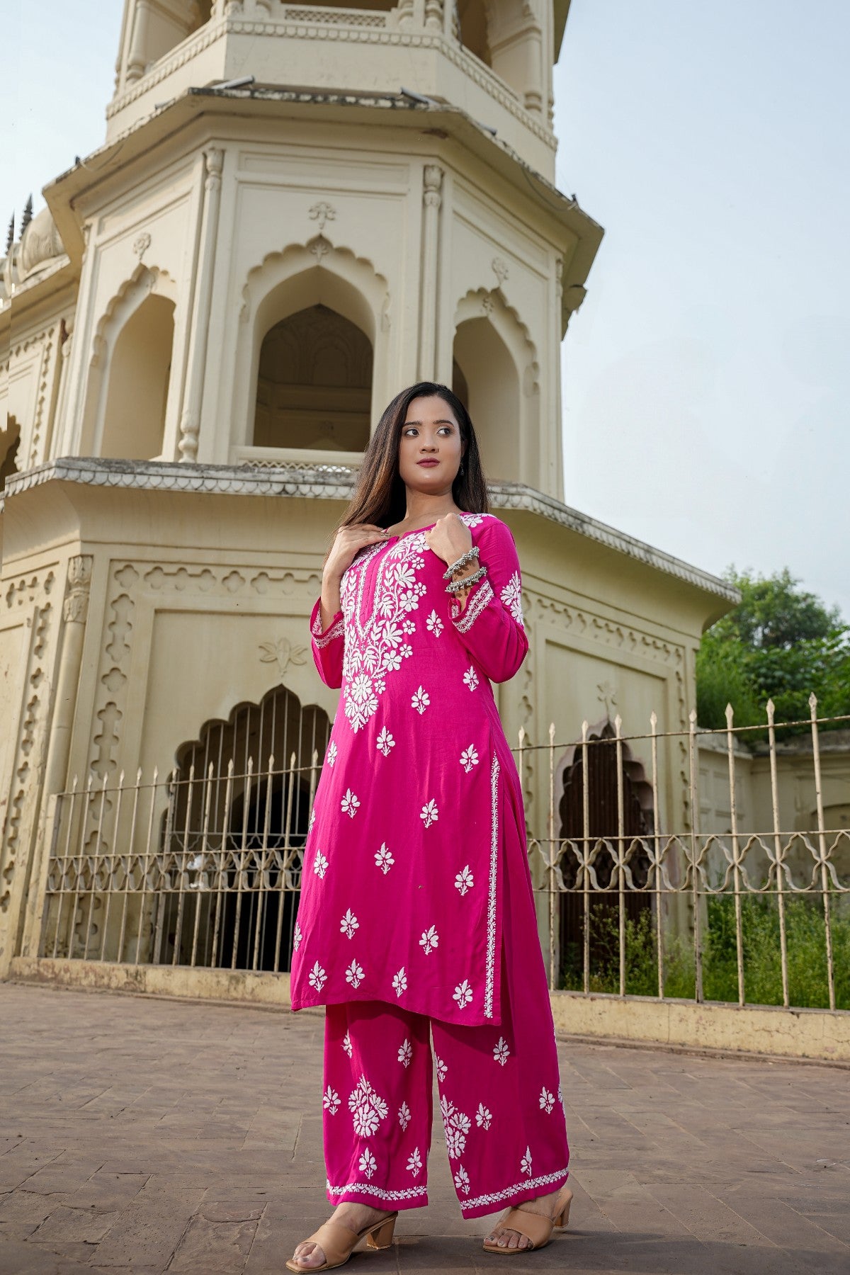 Designer Chikankari Lucknowi Embroidered Straight Rayon Kurta with Palazzo Pant Set