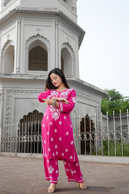 Designer Chikankari Lucknowi Embroidered Straight Rayon Kurta with Palazzo Pant Set