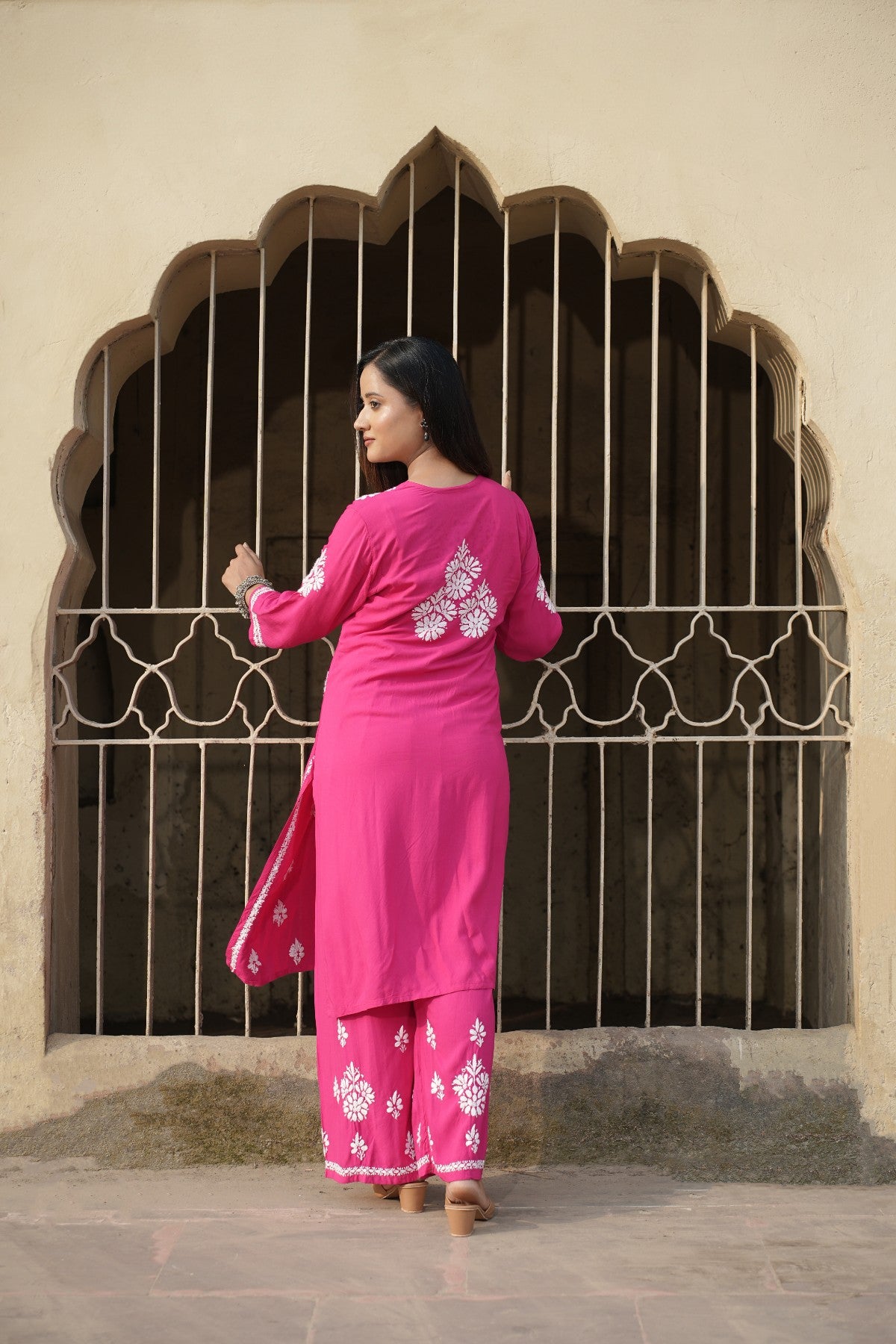 Designer Chikankari Lucknowi Embroidered Straight Rayon Kurta with Palazzo Pant Set