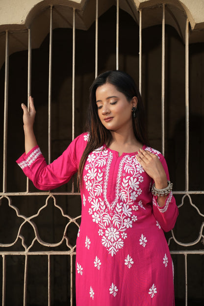 Designer Chikankari Lucknowi Embroidered Straight Rayon Kurta with Palazzo Pant Set