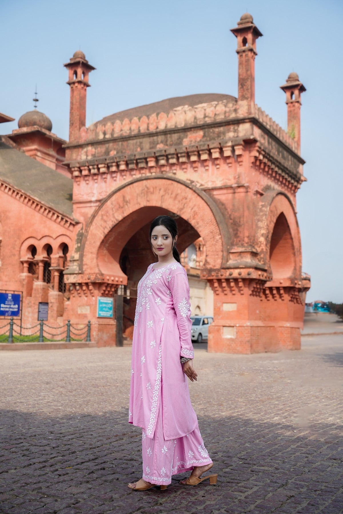 Designer Chikankari Lucknowi Embroidered Straight Rayon Kurta with Palazzo Pant Set