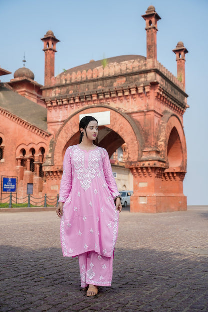 Designer Chikankari Lucknowi Embroidered Straight Rayon Kurta with Palazzo Pant Set