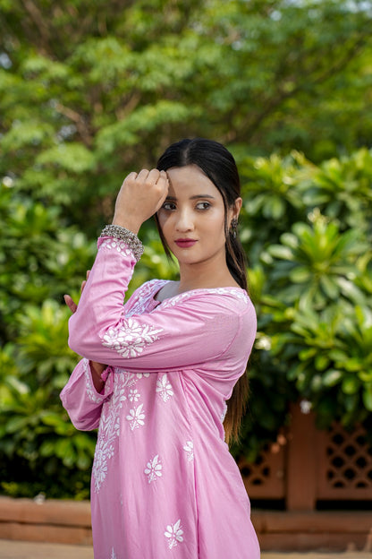 Designer Chikankari Lucknowi Embroidered Straight Rayon Kurta with Palazzo Pant Set