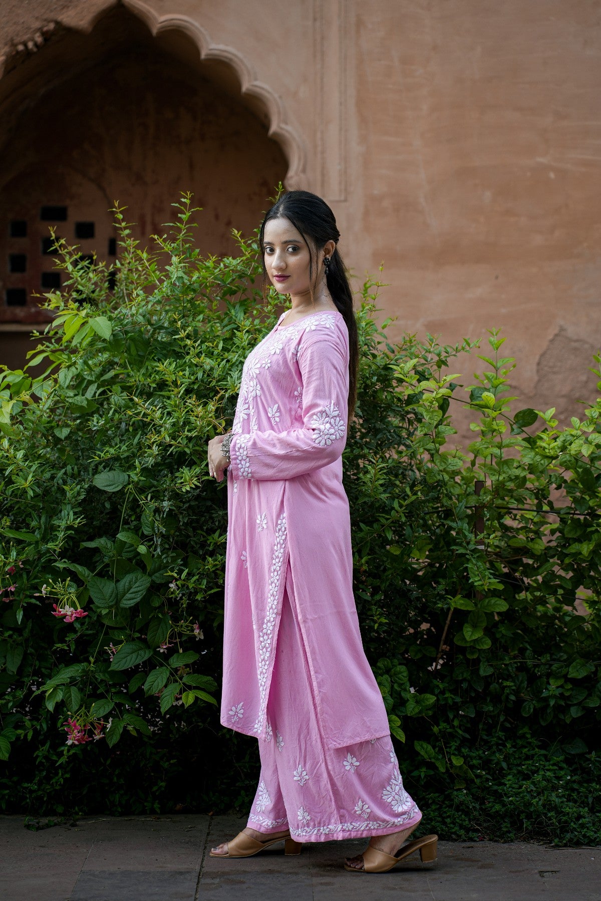 Designer Chikankari Lucknowi Embroidered Straight Rayon Kurta with Palazzo Pant Set