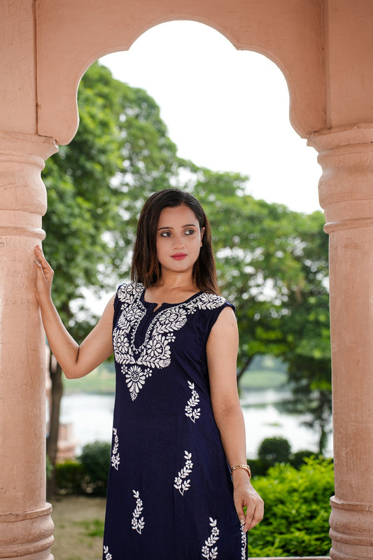 Comfortable & Stylish Navy Blue Kurti | Sleeveless | Rayon Fabric
